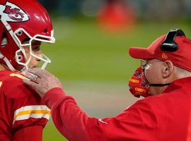 Kansas City Chief QB Patrick Mahomes and head coach Andy Reid, seen here on the sideline of Super Bowl 55, are the odds favorites to win Super Bowl 56. (Image: Getty)