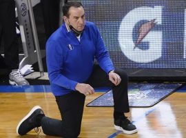 Duke head coach Mike Krzyzewski on the sidelines of the 2021 ACC Basketball Tournament. (Image: Gerry Broome/AP)