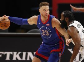 Blake Griffin, seen here with the Detroit Pistons and defended by the Brooklyn Nets, is now a free agent and could sign with the Nets to bolster their bench. (Image: Raj Mehta/USA Today Sports)