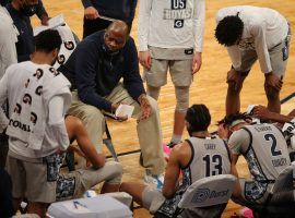 Head coach Patrick Ewing advises the Georgetown Hoyas during a time out at the Big East tournament at Madison Square Garden in New York City. (Image: Brad Penner/USA Today Sports)