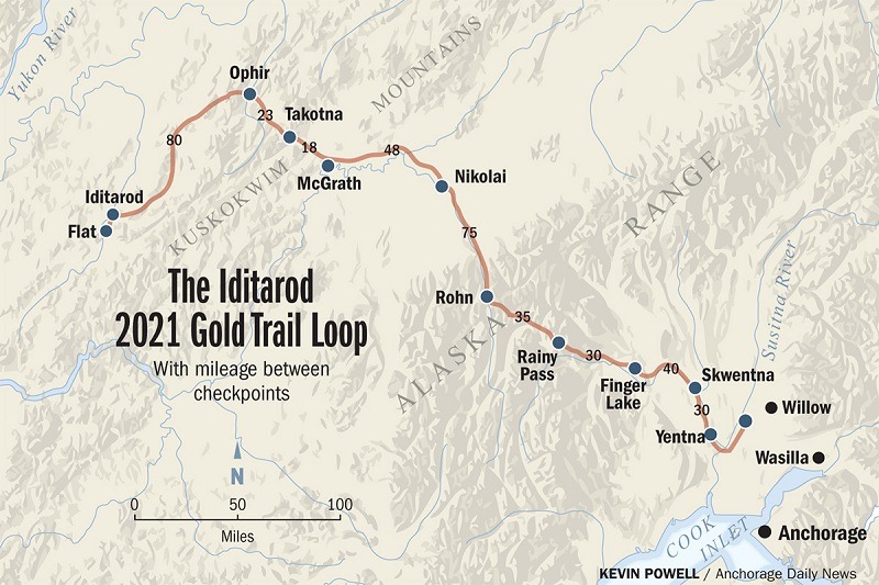 Iditarod 2021 map Gold Trail Loop Alaska 