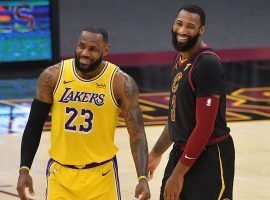 Andre Drummond and LeBron James share a chuckle during a Los Angeles Lakers and Cleveland Cavaliers game at the Staples Center in LA. (Image: Jason Miller/Getty)