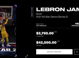 A LeBron James dunk has emerged as the priciest moment in the NBA Top Shot 2021 All-Star Game set, with the #1 version of the card selling for $42,000. (Image: NBA Top Shot)