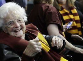 Sister Jean will make the trip to Indianapolis with Loyola Chicago as the Ramblers take on Georgia Tech in March Madness. (Image: David Goldman/AP)