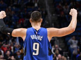 Center Nikola Vucevic, seen here flexing in a rare victory with the Orlando Magic, was sent to the Chicago Bulls shortly before the trade deadline. (Image: Fernando Medina/Getty)