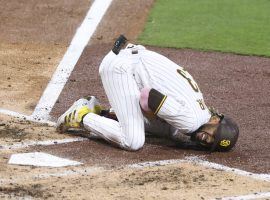 Fernando Tatis Jr. went down with a shoulder injury after swinging at a pitch in the San Diego Padres’ Monday loss to the San Francisco Giants. (Image: Derrick Tuskan/AP)
