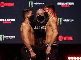 Patricio “Pitbull” Freire (left) defends his featherweight title against Emmanuel Sanchez in the main event of Bellator 255. (Image: Lucas Noonan/Bellator MMA)