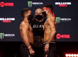 Patricio â€œPitbullâ€ Freire (left) defends his featherweight title against Emmanuel Sanchez in the main event of Bellator 255. (Image: Lucas Noonan/Bellator MMA)