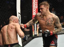 Dustin Poirier (right) and Conor McGregor (left) have taken to Twitter to argue about a donation McGregor promised to make to Poirier’s charitable foundation. (Image: Jeff Bottari/Zuffa)