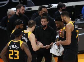 Quin Snyder, the head coach of the Utah Jazz seen here drawing up a play in a timeout, is the co-favorite to win NBA Coach of the Year. (Image: Rob Gray/USA Today Sports)