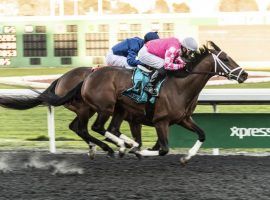 Rombauer's furious El Calmino Real Derby stretch drive brought him his first stakes title by a nose over Javanica. But the Southern California colt is in deeper Derby prep waters in this weekend's Grade 2 Blue Grass Stakes at Keeneland. (Image: Golden Gate Fields)