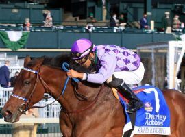 Simply Ravishing won her first three races, including this victory in the Alcibiades. After missing the board twice, she seeks a return to that form in Saturday's Grade 1 Ashland Oaks at Keeneland. (Image: Keeneland Photo)