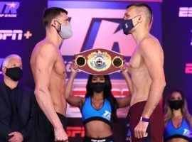 Joe Smith Jr. (left) will take on Maxim Vlasov (right) in Tulsa, Oklahoma on Saturday for the vacant WBO light heavyweight title. (Image: Mikey Williams/Top Rank/Getty)