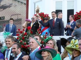 Trainer Bob Baffert, jockey John Velazquez and owner Amr Zedan celebrate Medina Spirit's Kentucky Derby victory last Saturday. The celebration may end after the horse tested positive for an excessive amount of an anti-inflammatory. (Image: Churchill Downs/Coady Photography)