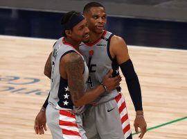 Bradley Beal and Russell Westbrook celebrate a big win over the Indiana Pacers. (Image: Ronald Martinez/Getty)