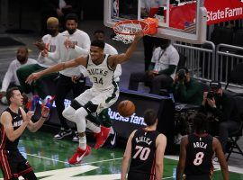 Giannis 'Greek Freak' Antetokounmpo unleashed a reverse dunk for the Milwaukee Bucks against the Miami Heat in one of the last games of the regular season. (Image: Stacey Revere/Getty)