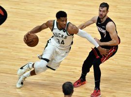 Giannis 'Greek Freak' Antetokounmpo Â of the Milwaukee Bucks drives past Goran Dragic of the Miami Heat in Game 3 of the first round of the 2021 NBA Playoffs. (Image: Jim Rassol/USA Today Sports)