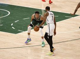Giannis Antetokounmpo of the Milwaukee Bucks defends Kevin Durant from the Brooklyn Nets during a recent battle between two favorites to win the Eastern Conference. (Image: Getty)