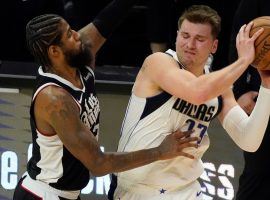 Paul George of the LA Clippers defends Luka Doncic from the Dallas Mavericks in Game 1 of their first-round series in the 2020 NBA Playoffs. (Image: Getty)