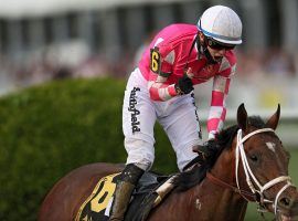 If Flavien Prat celebrates after the Belmont, he'll do it on a different horse than Preakness winner Rombauer. Prat takes the reins of Hot Charlie for the Belmont Stakes. He rode Hot Rod Charlie in the Kentucky Derby. (Image: Patrick Smith/Getty)