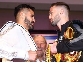 Jose Ramirez (left) and Josh Taylor (right) will fight for the undisputed unified super lightweight championship on Saturday. (Image: Mikey Williams/Top Rank/Getty)