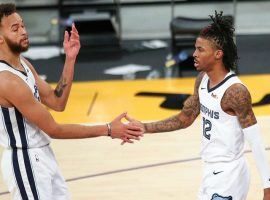 Donovan Mitchell of the Utah Jazz and Ja Morant from the Memphis Grizzlies exchange pleasantries at the end of a regular season meeting. (Image: Getty)