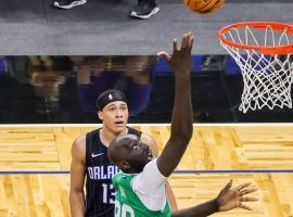 Tacko Fall of the Boston Celtics drives to the basket against Orlando Magic center Mo Bomba in a blowout in which he recorded four blocked shots in less than a minute. (Image: Getty)