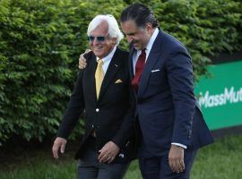 Bob Baffert (left) and Amr Zedan, the owner of Kentucky Derby champion Medina Spirit, enjoy a happy moment after the Kentucky Derby. One quirky prop bet asks if Zedan will replace Baffert as the horse's trainer. (Image: Getty)