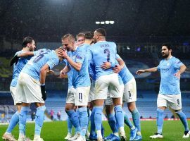 Manchester City's players celebrate scoring a goal against PSG in the Champions League semifinals return leg. (Image: Twitter / @IlkayGundogan)