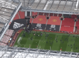 Angry Man United fans have broken into Old Trafford before the game against Liverpool to protest against the club's American owners. (Image: Sky Sports)