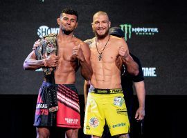 Douglas Lima (left) will defend his welterweight title against the undefeated Yaroslav Amosov at Bellator 260 on Saturday. (Image: @BellatorMMA/Twitter)
