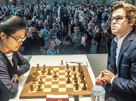 The top womenâ€™s chess player in the world, Hou Yifan (left) and World Chess Champion Magnus Carlsen (right) will headline the field for the Goldmoney Asian Rapid. (Image: Eric van Reem/Chess.com)