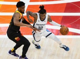 Donovan Mitchell of the Utah Jazz defends Ja Morant (12) from the Memphis Grizzlies in Game 2 when Morant erupted for 27 points in a loss. (Image: Getty)