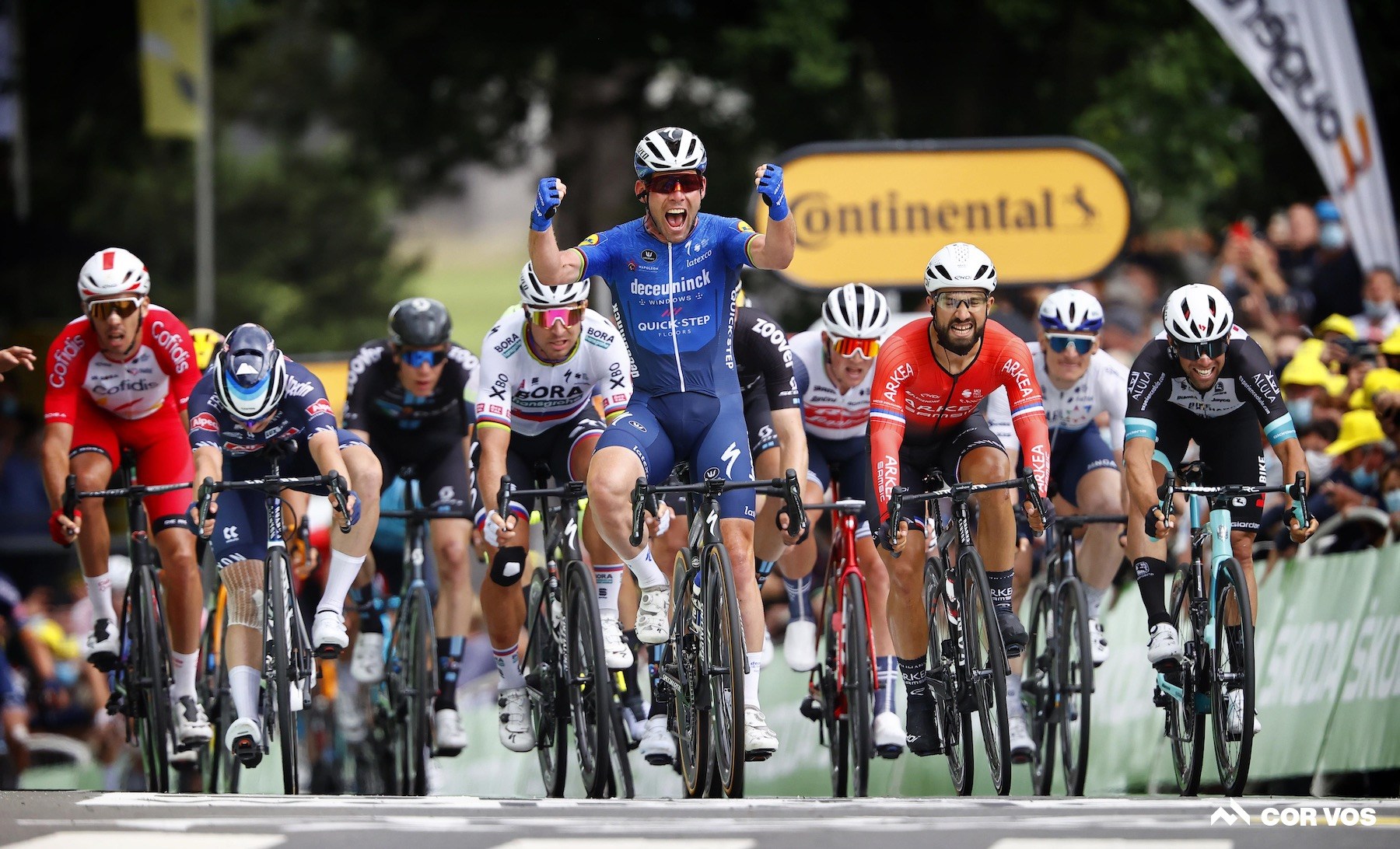 Mark Cavendish from Deceuninck-QuickStep celebrates at finish line at Fougeres for a victory in Stage 4 of the 2021 Tour de France. (Image: Reuters)