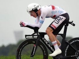 Tadej Pogacar from UAE Team Emirates surged to second place overall after an impressive time trial win in Stage 5 for the defending Tour de France champion. (Image: AP)