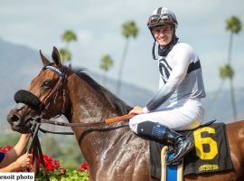 Flavien Prat rode Going Global to all four of her US stakes victories. That streak goes to the test Saturday in the Grade 2 San Clemente at Del Marl. (Image: Benoit Photo)