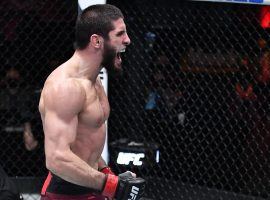 Islam Makhachev (pictured) will try to continue his rise up the UFC lightweight ranks when he battles Thiago Moises on Saturday. (Image: Jeff Bottari/Zuffa)