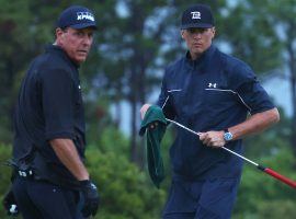 Phil Mickelson (left) and Tom Brady (right) will team up again to take on Bryson DeChambeau and Aaron Rodgers in The Match IV on Tuesday. (Image: Mike Ehrmann/Getty)