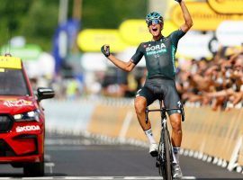 Nils Politt from Bora-Hansgrohe thrust his arms in the air after a solo finish in Tour de France Stage 12 at Nimes. (Image: Reuters)