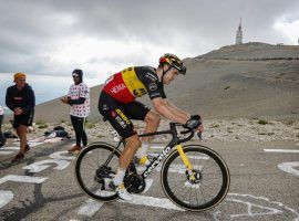 A spectator near the summit of Mont Ventoux encourages Wout Van Aert(Jumbo-Visma) during his victory at Stage 11: Sorgues > Malacuene. (Image: Reuters)