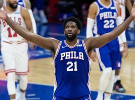 Joel Embiid from the Philadelphia 76ers celebrates a victory over the Chicago Bulls last season. (Image: Bill Streicher/USA Today Sports)