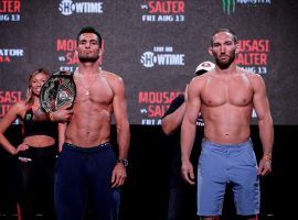 Gegard Mousasi (left) will defend his Bellator middleweight title against John Salter (right) in the main event of Bellator 264 on Friday. (Image: Twitter/Bellator Europe)