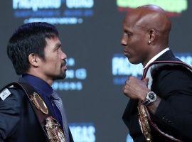 Manny Pacquiao (left) will battle Yordenis Ugas (right) for the WBA welterweight championship on Saturday. (Image: Steve Marcus/Getty)