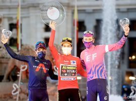 Primoz Roglic (center) on the podium after winning the 2020 Vuelta a Espana. (Image: Getty)