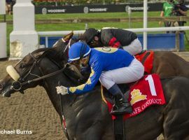 Safe Conduct and Irad Ortiz Jr. turn aside Riptide Rock (back) and David Moran to win the 162nd Queen's Plate at Woodbine Racetrack. The card produced the second-best betting handle in event history. (Image: Michael Burns Photo)