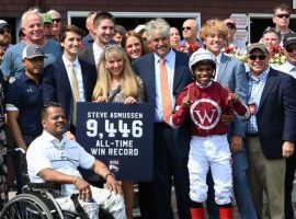 Trainer Steve Asmussen (center) celebrates with his family and connections of Stellar Tap, who gave the trainer his record 9,446th victory Saturday at Saratoga. (Image: Chelsea Durand/NYRA Photo)