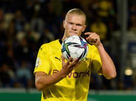 Haaland took the ball home after scoring a hat-trick for Dortmund in the German Cup. (Image: Twitter/BVB)