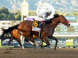 Idol (front) caught Express Train at the wire to win March's Santa Anita Handicap. He returns for the first time in seven months for Saturday's Grade 1 Awesome Again Stakes at Santa Anita Park. (Image: Benoit Photo)