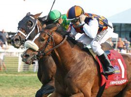 Imperador and jockey Joe Talamo hold off a surging Arklow to win Kentucky Downs' flagship race: the $1 million Calumet Turf Cup. That Saturday race headlined a record handle day and meet for Kentucky Downs. (Image: Coady Photography)