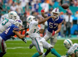Miami Dolphins backup quarterback Jacoby Brissett is pressured by the Buffalo Bills in Week 2. (Image: Getty)